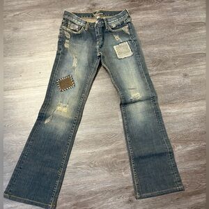 Y2K Bebe Jeans Women Size 28 Bootcut Boho Embroidered Patch Work Distressed